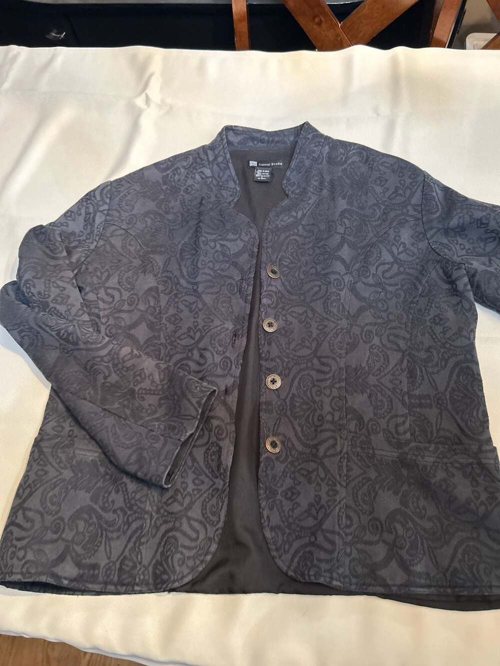 Casual Studio Black Damask Scroll Print Button-Front Jacket
